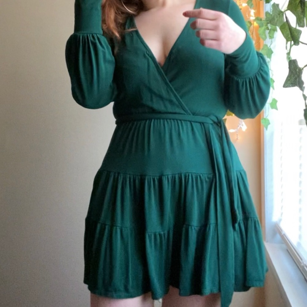 Dark green mock wrap dress